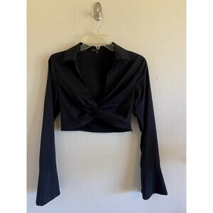 Hunter &‎ Brown Premium Black Vneck Twist Front Cropped Bell Sleeve Blouse Shirt